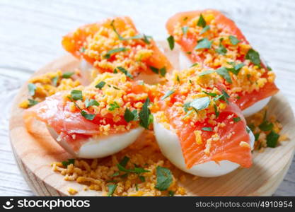 Filled eggs with salmon pinchos tapas from Spain recipes pintxos