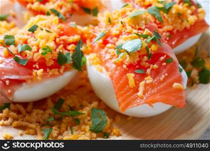 Filled eggs with salmon pinchos tapas from Spain recipes pintxos