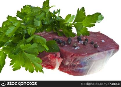 Fillet of beef with pepper and spices on white background. Fillet of beef