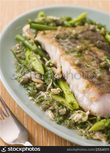 Fillet of Hake with Cockles Green Vegetables and Salsa Verde