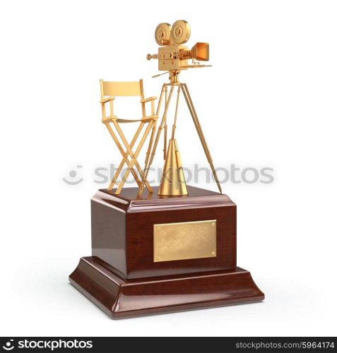 Film award. Gold vintage movie camera and chair of the director. 3d