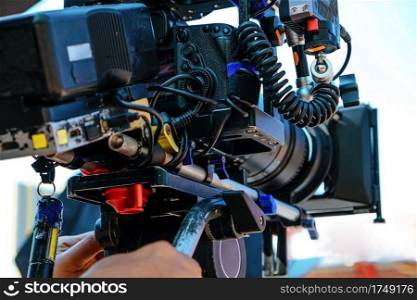 Film industry. Image of professional camera and equipment background