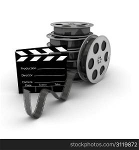 Film Slate with Movie Film Reel. 3d rendered image