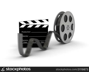 Film Slate with Movie Film Reel. 3d rendered image