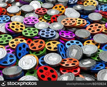 Films collection concept. Cinema, movie, video reels background. 3d