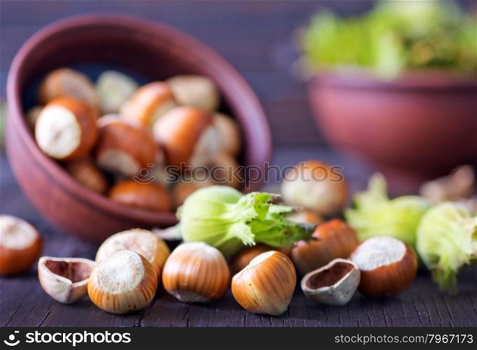 Filtered image of Hazelnuts in a wooden bowl on rustic background