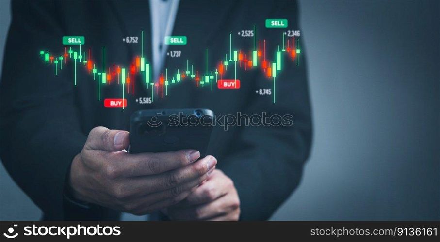 Finance and business investment digital technology concept. Stock and crypto investment funds.Businessman analyzing or trading Forex graphs of financial data candlestick chart.