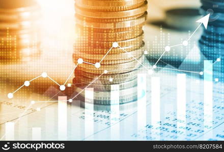 Finance and money technology background concept of business prosperity and asset management . Creative graphic show economy and financial growth by investment in valuable asset to gain wealth profit .. Finance and money technology background concept of business prosperity and asset