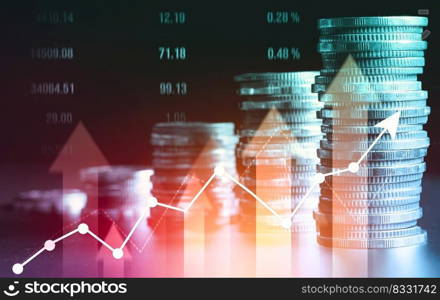 Finance and money technology background concept of business prosperity and asset management . Creative graphic show economy and financial growth by investment in valuable asset to gain wealth profit .. Finance and money technology background concept of business prosperity and asset