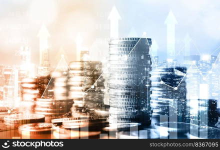 Finance and money technology background concept of business prosperity and asset management . Creative graphic show economy and financial growth by investment in valuable asset to gain wealth profit .. Finance and money technology background concept of business prosperity and asset