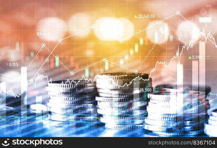 Finance and money technology background concept of business prosperity and asset management . Creative graphic show economy and financial growth by investment in valuable asset to gain wealth profit .. Finance and money technology background concept of business prosperity and asset