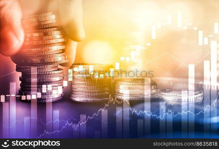 Finance and money technology background concept of business prosperity and asset management . Creative graphic show economy and financial growth by investment in valuable asset to gain wealth profit .. Finance and money technology background concept of business prosperity and asset