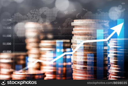 Finance and money technology background concept of business prosperity and asset management . Creative graphic show economy and financial growth by investment in valuable asset to gain wealth profit .. Finance and money technology background concept of business prosperity and asset