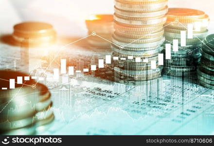 Finance and money technology background concept of business prosperity and asset management . Creative graphic show economy and financial growth by investment in valuable asset to gain wealth profit .. Finance and money technology background concept of business prosperity and asset