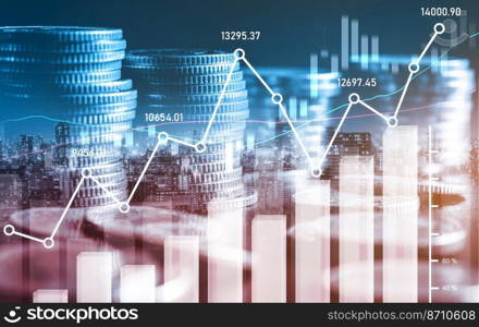 Finance and money technology background concept of business prosperity and asset management . Creative graphic show economy and financial growth by investment in valuable asset to gain wealth profit .. Finance and money technology background concept of business prosperity and asset