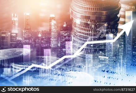 Finance and money technology background concept of business prosperity and asset management . Creative graphic show economy and financial growth by investment in valuable asset to gain wealth profit .. Finance and money technology background concept of business prosperity and asset