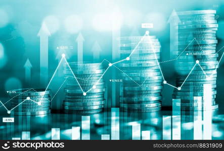 Finance and money technology background concept of business prosperity and asset management . Creative graphic show economy and financial growth by investment in valuable asset to gain wealth profit .. Finance and money technology background concept of business prosperity and asset