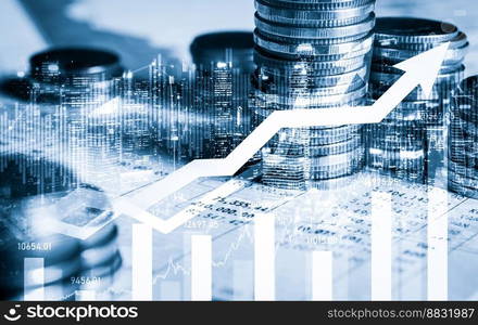 Finance and money technology background concept of business prosperity and asset management . Creative graphic show economy and financial growth by investment in valuable asset to gain wealth profit .. Finance and money technology background concept of business prosperity and asset