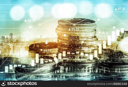 Finance and money technology background concept of business prosperity and asset management . Creative graphic show economy and financial growth by investment in valuable asset to gain wealth profit .. Finance and money technology background concept of business prosperity and asset