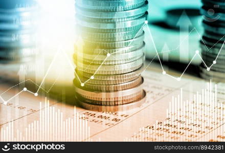 Finance and money technology background concept of business prosperity and asset management . Creative graphic show economy and financial growth by investment in valuable asset to gain wealth profit .. Finance and money technology background concept of business prosperity and asset