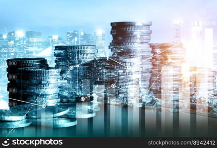 Finance and money technology background concept of business prosperity and asset management . Creative graphic show economy and financial growth by investment in valuable asset to gain wealth profit .. Finance and money technology background concept of business prosperity and asset