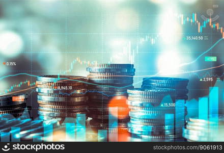 Finance and money technology background concept of business prosperity and asset management . Creative graphic show economy and financial growth by investment in valuable asset to gain wealth profit .. Finance and money technology background concept of business prosperity and asset