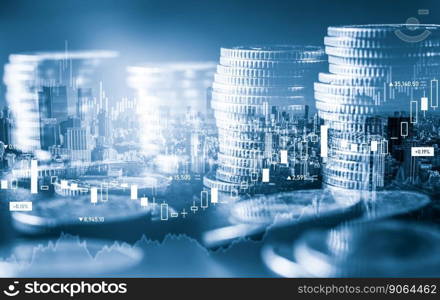 Finance and money technology background concept of business prosperity and asset management . Creative graphic show economy and financial growth by investment in valuable asset to gain wealth profit .. Finance and money technology background concept of business prosperity and asset