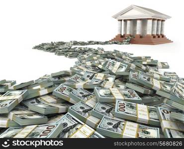 Finance concept. Dollars and bank building. 3d