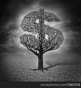 Finance crisis and financial drought business concept as a dying tree with no leaves in a drought landscape as a symbol of a bad economy and investment despair in a stock market decline.