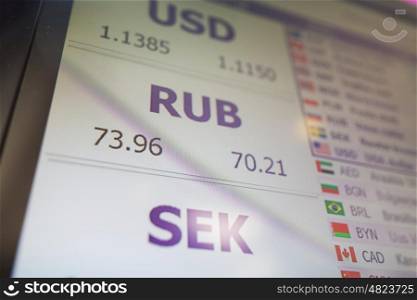 finance, currency and money concept - digital display with exchange rates on screen