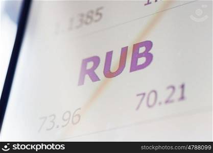 finance, currency and money concept - digital display with ruble exchange rate on screen