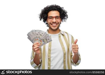 finance, currency and people concept - happy man holding hundreds of dollar money banknotes showing thumbs up over white background. happy man with dollar money showing thumbs up