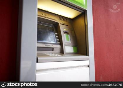 finance, money and technology concept - atm bank cash machine