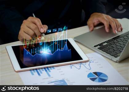 Finance stock market trading investment forex exchange diagram chart analysis digital report technology business concept.Business man using computer laptop.