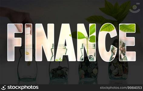 Finance Text marking of Double exposure of Hand putting mix coins and seed in clear bottle on cityscape photo blurred background,Business investment growth, multi exposure with text marking concept