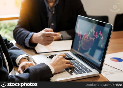 Finance trade manager showing reports screen analysis finance currency data on stock trade graph on business currency market.