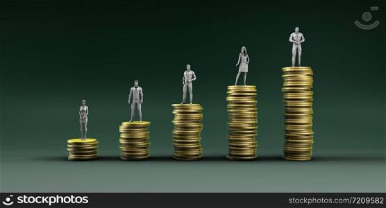Finance Wealth Increase with Business People Standing on Chart of Gold Coins. Finance Wealth Increase