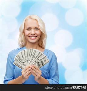 finances and people concept - smiling woman in red dress with us dollar money
