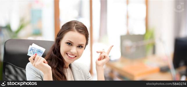 finances, people, savings and investment concept - happy business woman with euro cash money over office room background