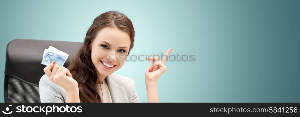 finances, people, savings and investment concept - happy business woman with euro cash money over blue background
