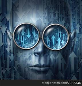 Financial analyst and stock broker business concept as a human face wearing reflective glasses with arrows going up and down as a metaphor for having the vision for forecasting and analizing economic direction.
