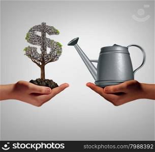 Financial assistance and business help concept as two hands holding a watering can and a struggling money tree as a budget aid relief symbol for investing in growth support service and helping a struggling economy.