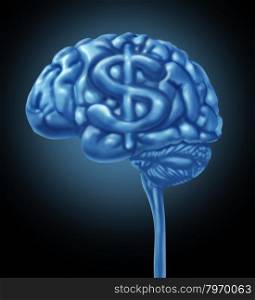 Financial brain business concept with a human thinking organ and a dollar symbol integrated in the gray matter as an icon of thinking of a strategy to make and save money and intelligent budget management and planning.