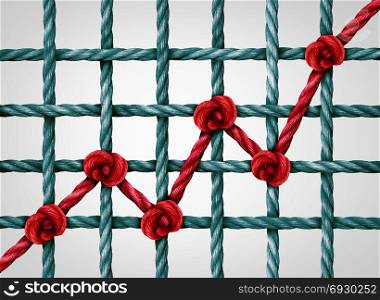 Financial chart ropes business profit concept as a finance diagram with a successful earnings red rope tied to a grid.