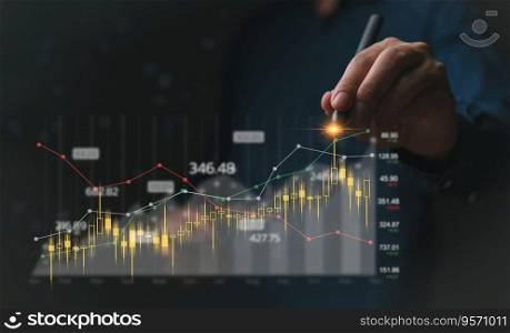 financial charts and graph analysis marketing business investment concept. Stock and crypto investment funds.Businessman analyzing or trading Forex interface virtual screen.