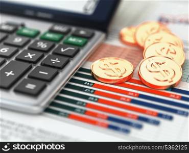 Financial concept. Calculator, coins and graph. 3d