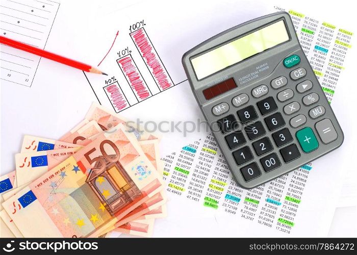 Financial concept. Calculator, money and financial data.