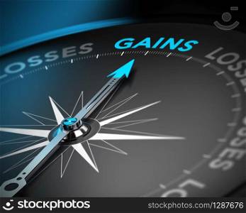 Financial consulting concept. Compass needle pointing the word gains over black background with blur effect. Capital Gains Concept