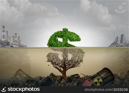 Financial costs of pollution and economic cost of polluted water contamination with hazardous industrial waste as a tree shaped as a dollar sign underwater with the toxic liquid killing the plant with 3D illustration elements.