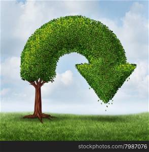 Financial crisis and growth problems as a business and finance concept for investment loss and downward growing trend as a tree shaped as an arrow pointing down as a symbol of recession or market crash.